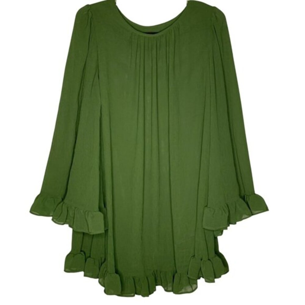 Basically Me Womens Top size S/M Green Ruffle Bell Sleeve Mini Babydoll BOHO‎